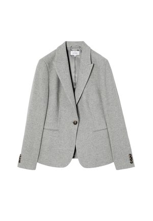 Šedý blazer s texturovaným povrchem. Má klopové límce, dvě přední kapsy a zapínání na jeden knoflík. Hnědé knoflíkové detaily na manžetách.