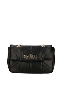 Borsa a tracolla nera in pelle con design trapuntato, hardware dorato e logo "GAELLE PARIS" sul davanti. Presenta una forma rettangolare classica.