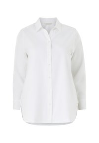 Camisa blanca de botones con mangas largas, cuello clásico y ajuste recto. Material de algodón suave; cuenta con un dobladillo curvo y una tapeta de botones.