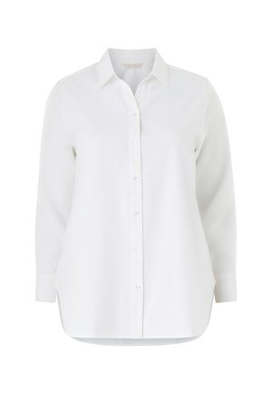 Camicia bianca con bottoni, maniche lunghe, colletto classico e vestibilità dritta. Materiale in cotone liscio; presenta un orlo curvo e una patta dei bottoni.