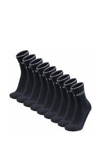 Chaussettes en coton noires, ensemble de dix, avec une bordure côtelée et des détails de logo en gris. Hauteur mi-mollet, texture lisse et bout arrondi.