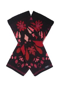 Black knitted fingerless gloves with red and pink floral patterns and ribbed cuffs, labeled IVKO Woman.