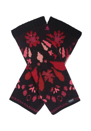 Guanti senza dita neri a maglia con motivi floreali rossi e rosa e polsini a costine, etichettati IVKO Donna.