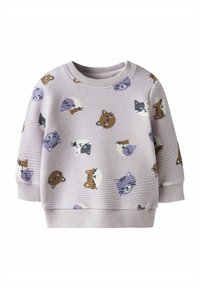 Sudadera texturizada lila con un patrón divertido de caras de animales, incluyendo gatos y un zorro. Puños acanalados y cuello redondo.