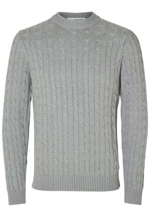 Gray cable-knit sweater with a round neckline, ribbed cuffs, and waistband. The texture features raised patterns throughout the fabric.