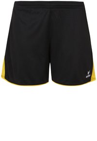 Zwarte sportshorts met gele zijpanele. Gemaakt van lichtgewicht stof, met een gladde textuur en een klein logo op de onderste rechterkant.