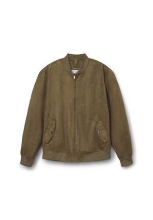 Giacca bomber in suede marrone con zip frontale, colletto e polsini a costine, e due tasche frontali con patta e bottone a pressione.