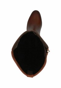 Bottes en cuir marron, hauteur genou, avec une finition lisse, un bout pointu et une doublure intérieure noire. Présentent une fermeture éclair sur le côté et un design structuré.