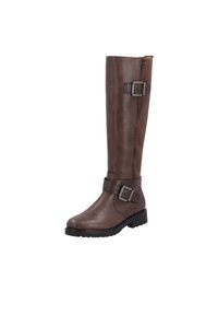 Brown leather knee-high boot with a textured panel, adjustable buckle accents, and a rugged sole for traction.