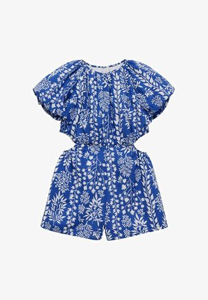 Blue floral romper with short, puffed sleeves and an elastic waist. Features a white botanical pattern and a relaxed fit design.