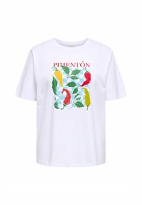 Camiseta de algodón blanco con gráficos coloridos de chiles y hojas verdes, con "PIMENTÓN" impreso en rojo, corte relajado y mangas cortas.