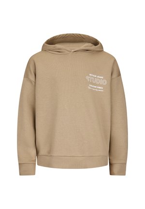Hellbraunes Kapuzen-Sweatshirt mit weißem Text "Retour Jeans Studio Creative Vibes" auf der linken Brust, gerippte Bündchen und Saum, schlichte Vorderseite.