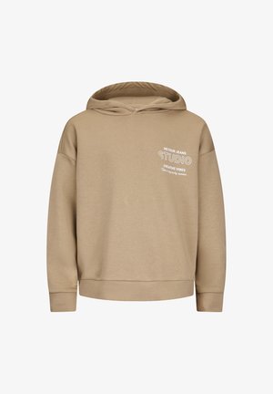 Jasnobrązowa bluza z kapturem z białym napisem „Retour Jeans Studio Creative Vibes” na lewej piersi, ściągacze na rękawach i u dołu, gładki przód.