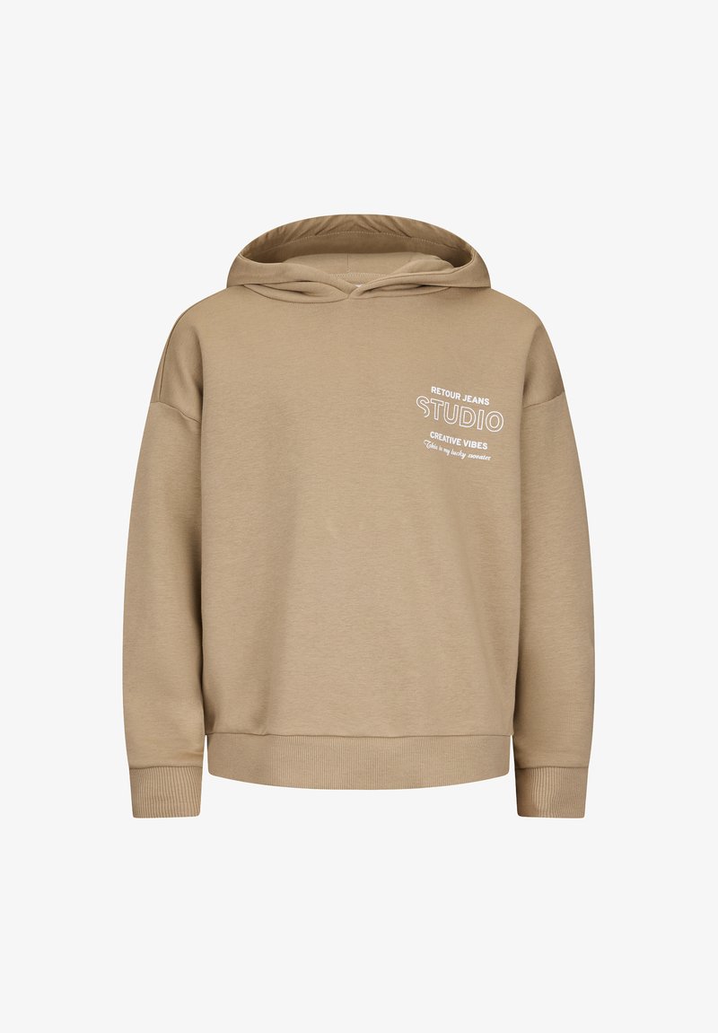 Hellbraunes Kapuzen-Sweatshirt mit weißem Text "Retour Jeans Studio Creative Vibes" auf der linken Brust, gerippte Bündchen und Saum, schlichte Vorderseite.