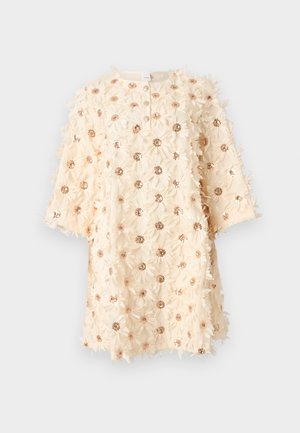 Cream-colored dress with long sleeves, covered in 3D floral appliques with sequined centers, featuring a round neckline and front button placket.