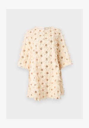 Cream-colored dress with long sleeves, covered in 3D floral appliques with sequined centers, featuring a round neckline and front button placket.