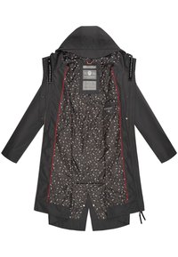 Impermeable con capucha de color gris oscuro, forro interior estampado, adornos rojos, cremallera frontal, botones a presión y etiqueta de la marca visible en el interior del cuello.