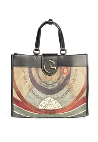 Borsa a tracolla in pelle nera con un design grafico circolare multicolore, dettagli in metallo dorato e doppi manici. Forma robusta, con una texture elegante.