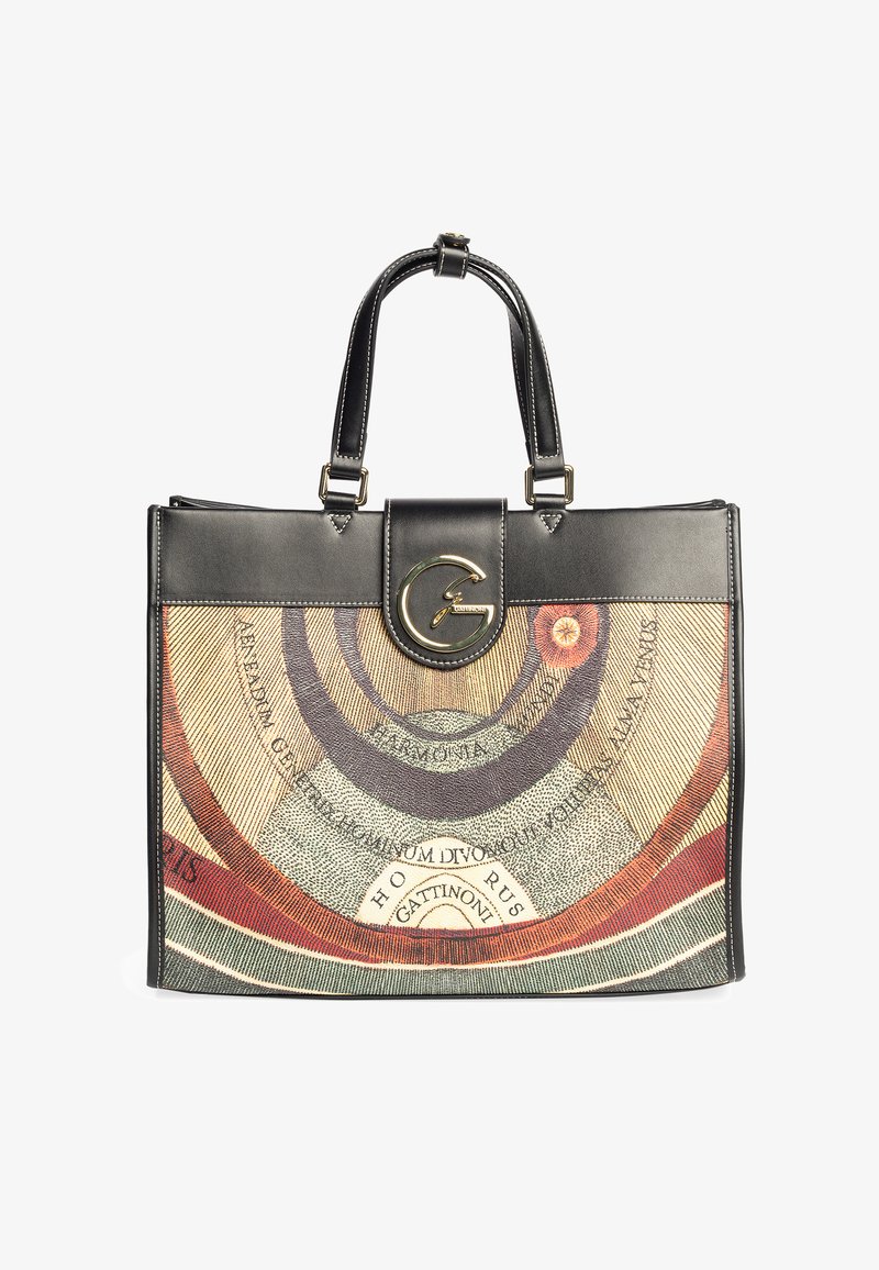 Borsa a tracolla in pelle nera con un design grafico circolare multicolore, dettagli in metallo dorato e doppi manici. Forma robusta, con una texture elegante.