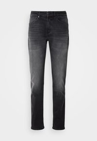 Jean noir slim-fit avec légère décoloration et design classique à cinq poches, présenté sur fond blanc.