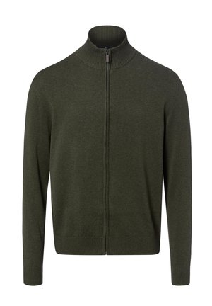 Dunkelgrüner Langarm-Zip-Pullover mit geripptem hohem Kragen, Bündchen und Saum, vor weißem Hintergrund gezeigt.