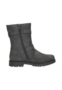 Black ankle boot with a matte finish, featuring a side zipper, two decorative straps, a round toe, and a textured rubber sole.