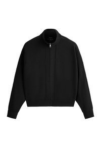 Veste noire zippée à manches longues avec col montant et fines rayures verticales texturées sur le devant et les manches.