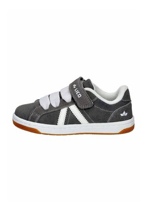Gray suede sneaker with white accents, Velcro strap, and laces. White rubber sole with textured orange outsole. Casual design with a low profile.