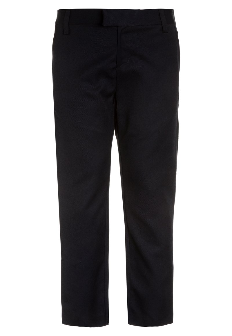 Pantalon noir au design ajusté, présentant un devant plat, des passants de ceinture et une texture lisse. Pas de matériel ou motifs visibles.