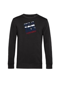 Felpa nera a girocollo con un design stampato in testo blu e rosso che recita "COLD AS ICE FOREIGNER." Tessuto morbido con polsini a coste.