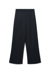 Pantaloni larghi neri con vita alta elastica, texture liscia e senza tasche o decorazioni visibili.