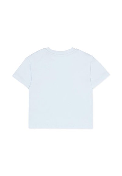 T-shirt en coton bleu clair à manches courtes, col arrondi et dos uni. Texture douce, sans motifs ni graphismes.