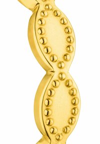 Gouden metalen schakel in een ovale vorm, met afgeronde kralen langs de randen en een gladde, reflecterende oppervlakte.