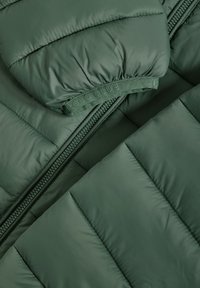 Zelená prošívaná péřová bunda s prošívaným vzorem, zapínáním na zip a přiléhavým límcem s logovanou štítkem. Materiál má hladkou, lesklou strukturu.