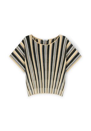 Crop top a righe con linee orizzontali in tonalità di nero, giallo e grigio; maniche corte con texture a coste e vestibilità rilassata.