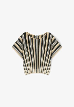 Gestreepte cropped top met horizontale lijnen in zwart, geel en grijstinten; korte mouwen met ribbelstructuur en een relaxte pasvorm.