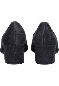 Černé semišové lodičky na vysokém podpatku se zavřenou zadní částí, kulatou špičkou a silným texturovaným podpatkem pro stabilitu. Hladký povrch bez viditelných ozdob.