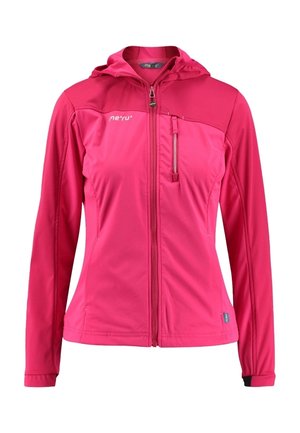 Chaqueta rosa con capucha de cremallera completa, mangas largas, bolsillo con cremallera en el pecho y logo "meru" en el pecho izquierdo.