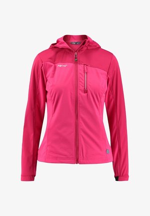 Chaqueta rosa con capucha de cremallera completa, mangas largas, bolsillo con cremallera en el pecho y logo "meru" en el pecho izquierdo.