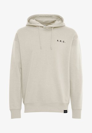 Jasnobeżowa bluza z kapturem, uszyta z miękkiego materiału, z kieszenią typu kangur i regulowanym kapturem, ozdobiona czarnym napisem "A.R.C." na piersi.