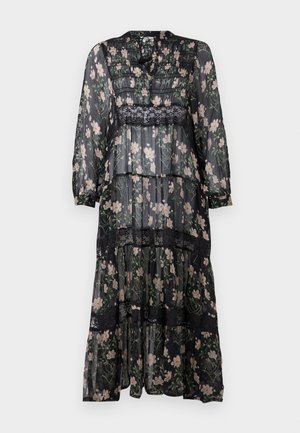 Prozirna crna maksi haljina s cvjetnim uzorkom, čipkastim detaljima, slojevitom teksturom, dugim rukavima i okruglim izrezom. Ima više slojeva u dizajnu.