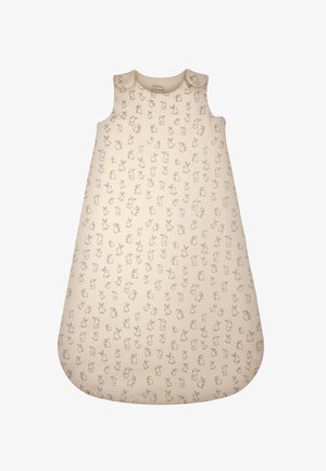 Beiger ärmelloser Babyschlafsack mit kleinen, durchgehenden liniengezeichneten Tiermustern, die Kaninchen und Hunde zeigen.