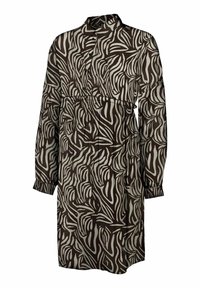 Abito a righe marroni e crema con colletto, maniche lunghe e vita legata. Presenta disegni a forma di foglia che si avvolgono in un tessuto leggero.