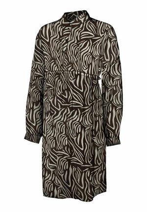 Pruun ja kreemikat toonidest mustriga kleit, millel on kaelus, pikad varrukad ja vöödiga talje. Üksikasjadena on sellel keerlevad lehekujundused kergest kangast.