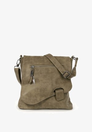 Olijfgroene schoudertas van kunstleer, met een klepopening, een ritsvak en een verstelbare schouderband met een zilveren hardwareaccent.