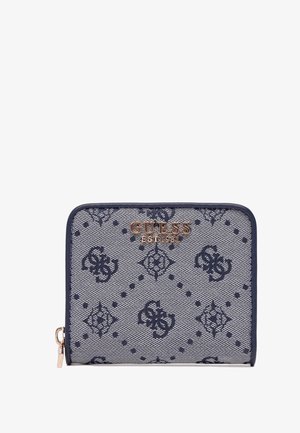 Portafoglio a fantasia navy con texture a rete, logo dorato e accenti eleganti. La chiusura zip e la forma rettangolare ne aumentano la funzionalità.