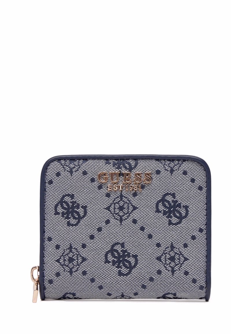 Portafoglio a fantasia navy con texture a rete, logo dorato e accenti eleganti. La chiusura zip e la forma rettangolare ne aumentano la funzionalità.