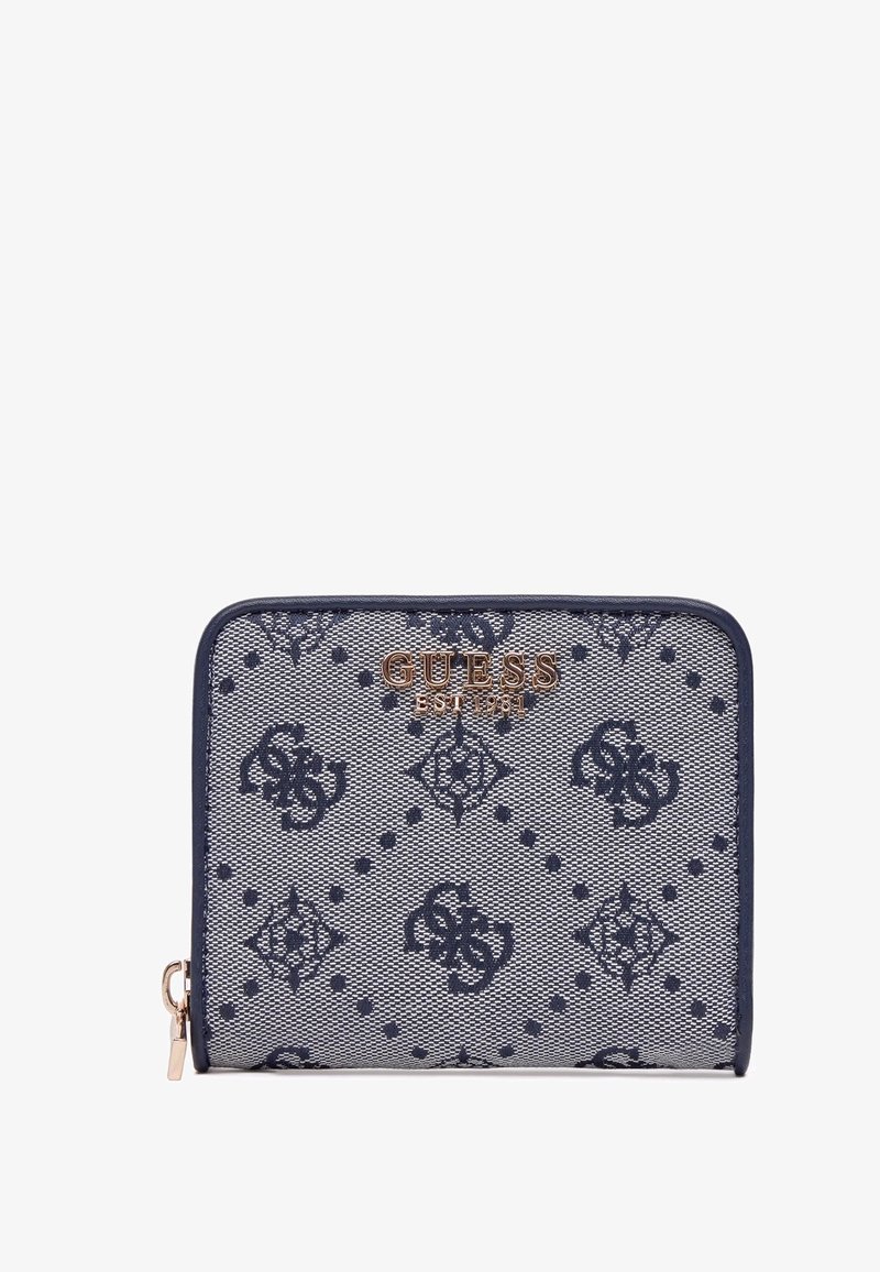 Portefeuille à motif marine avec une texture en maille, un logo doré et des accents élégants. La fermeture éclair et la forme rectangulaire renforcent sa fonctionnalité.