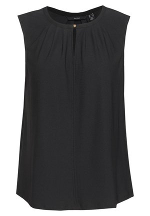 Sort ærmeløs bluse med rund halsudskæring, frontlige folder og lille knap med nøglehulslukning ved kraven.