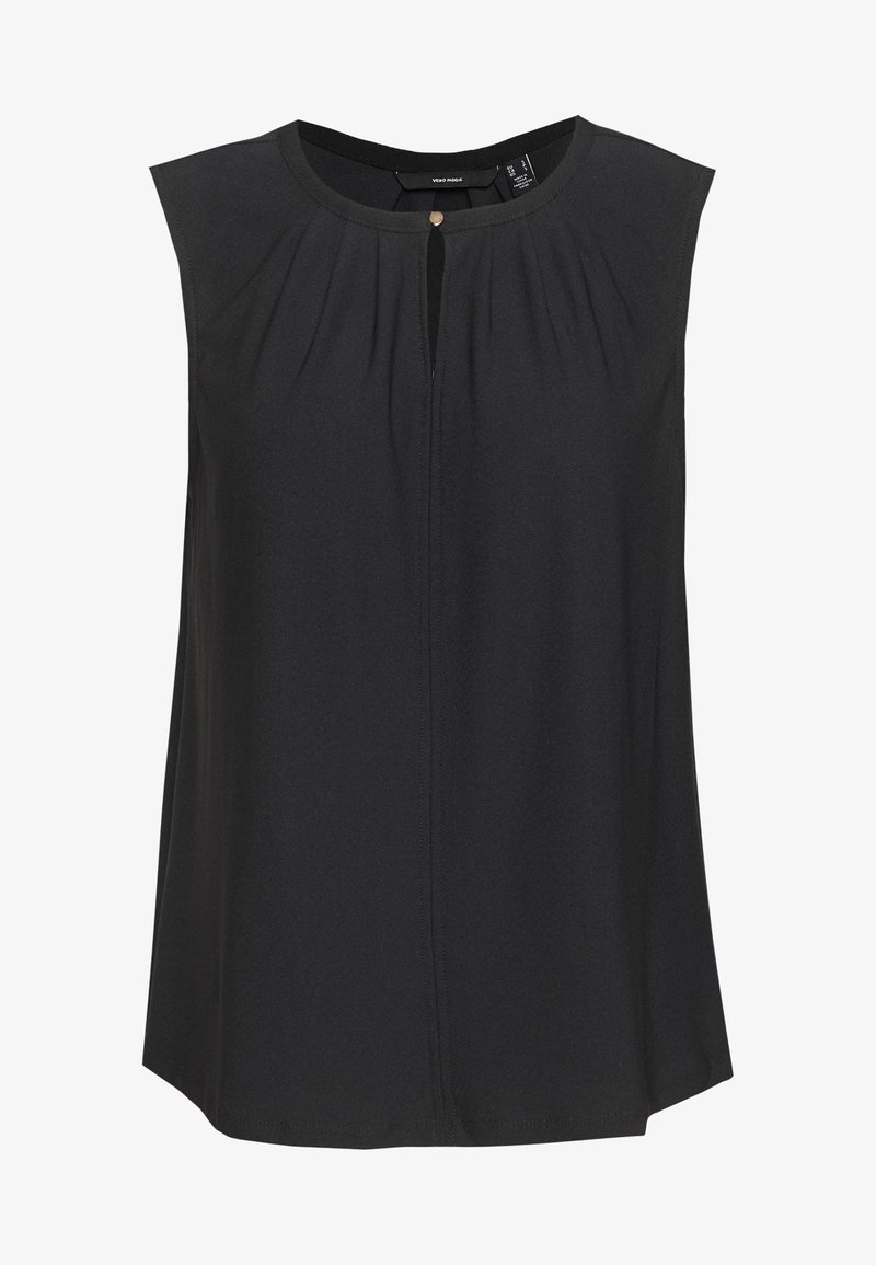 Blouse noire sans manches avec encolure ronde, plis à l'avant et petite ouverture boutonnée au col.